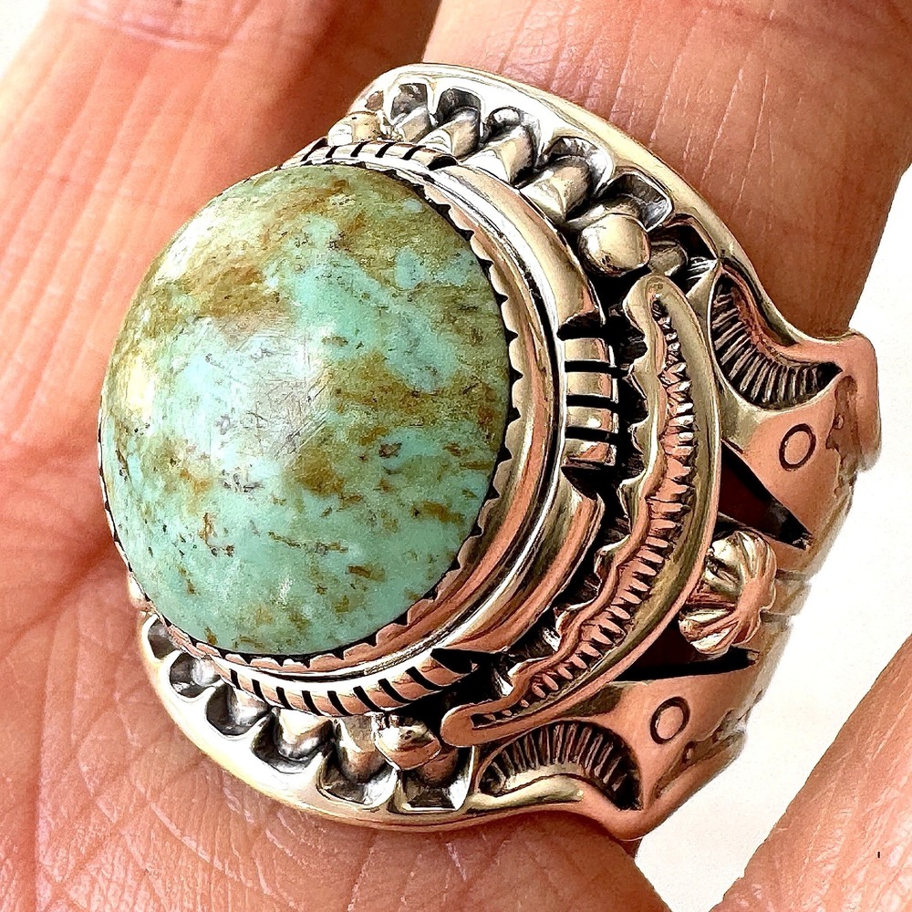 BIG Navajo Mens Turquoise Ring Sz 12 Wide Band Signed Lee Sterling Native‎ Amer